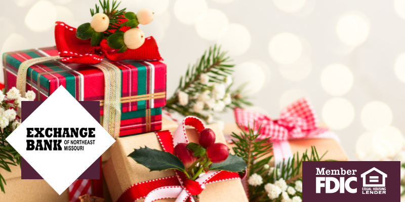 Pile of presents in plaid and sparkly gold wrapping paper with red bows and flowers on them