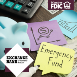 Calculator in top left corner and blue piggy bank in bottom left, three sticky notes one labeled emergency fund and the other two with graphs 