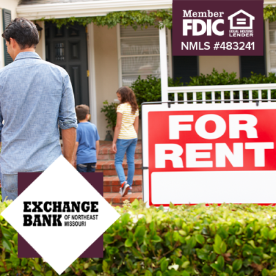 Family in front of home with a For Rent sign in the front yard